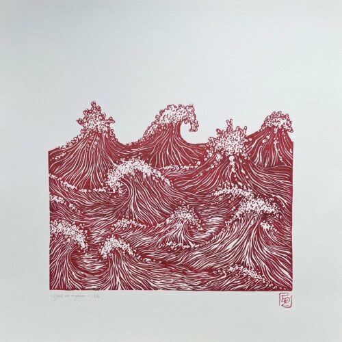 Linogravure Eoz Arts - Vagues en erruption rouges