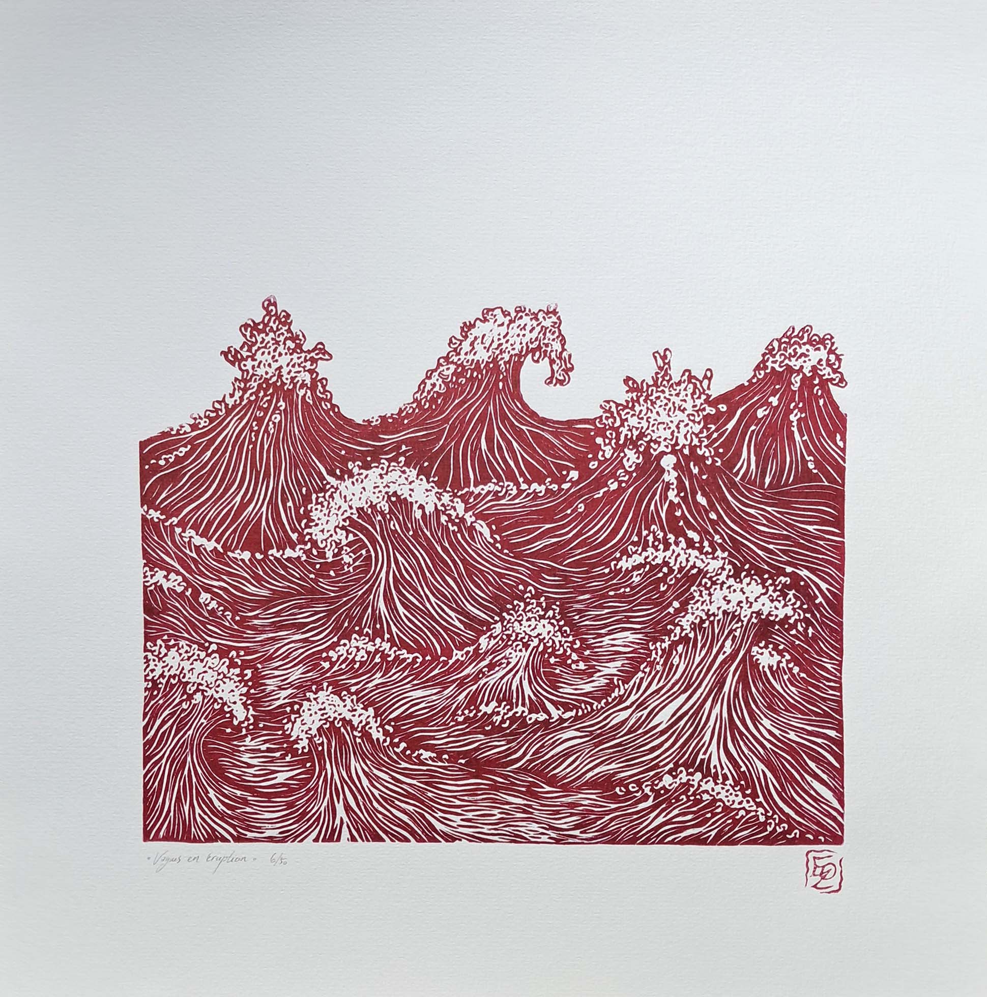 Linogravure Eoz Arts - Vagues en erruption rouges